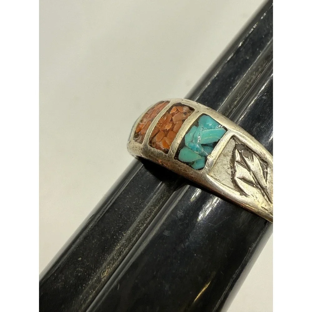 VTG Sterling Silver Turquoise Coral Inlay Native‎ American Ring Sz 8.25 Broken